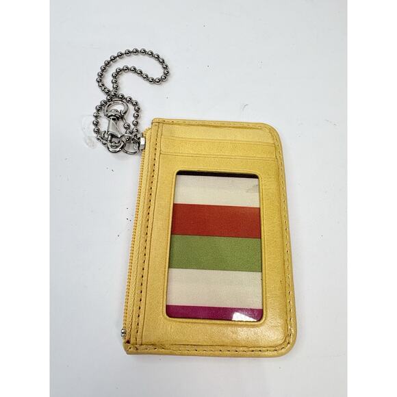 COACH Crossgrain Leather Zip Card Case Yellow Gold Mini ID Skinny Key Ring - Picture 2 of 3